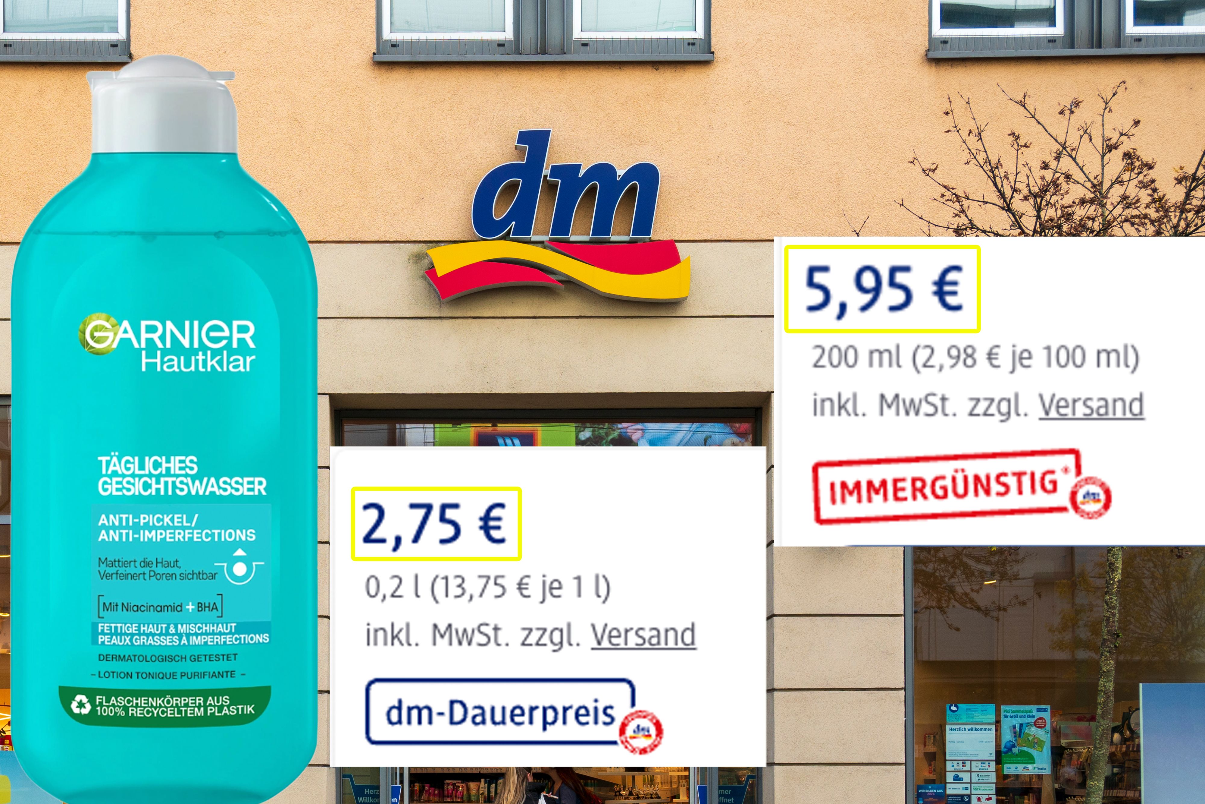 Gleiche Flasche, doppelter Preis: In Deutschland kostet das Garnier-Gesichtswasser 2,75 Euro, in Österreich fast 6 Euro.