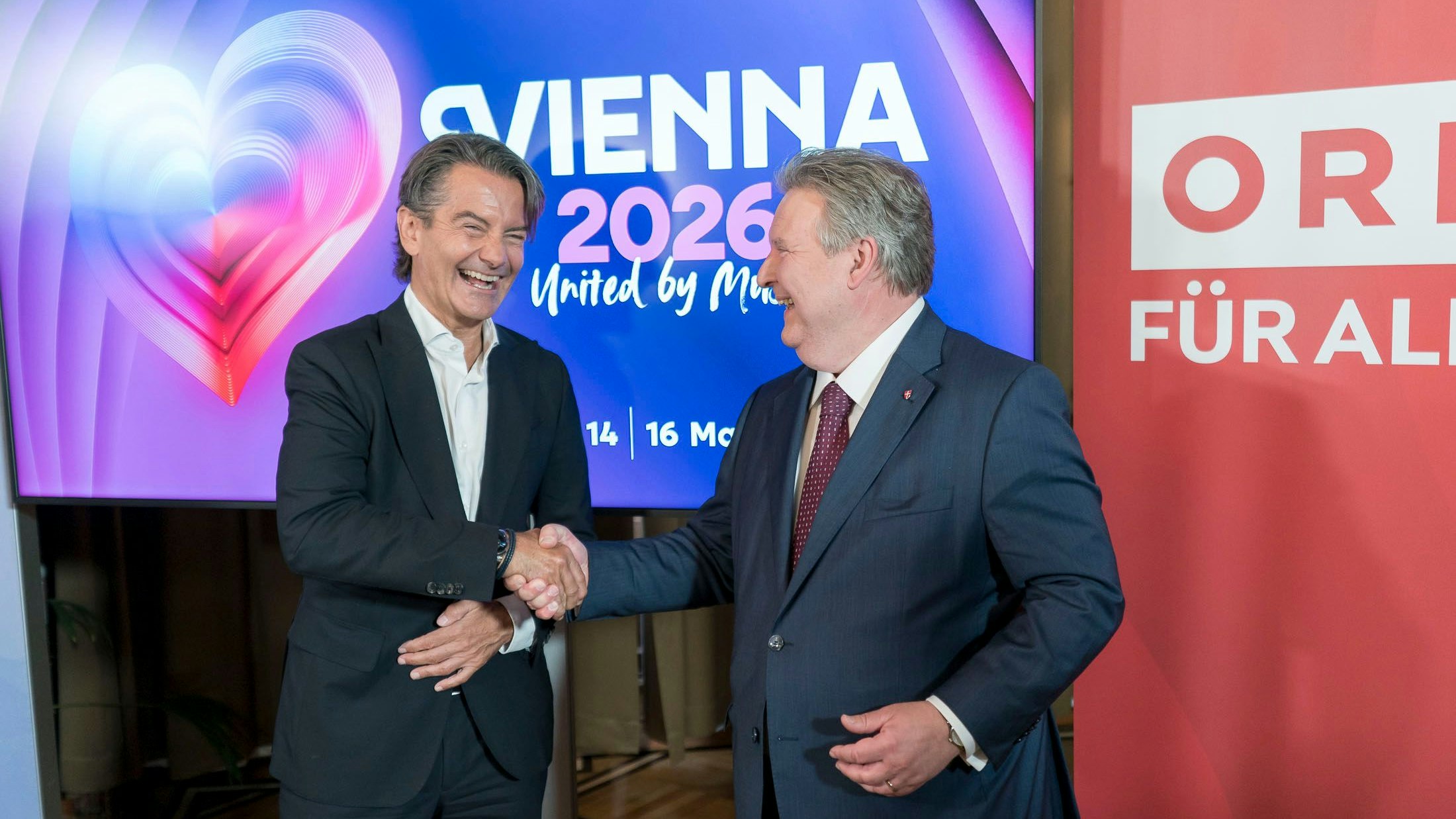 Hast du eigentliche einen Roncalli-Clown gefrühstückt? Bürgermeister Michael Ludwig und ORF-Generaldirektor Roland Weißmann präsentieren Wien als ESC-Stadt