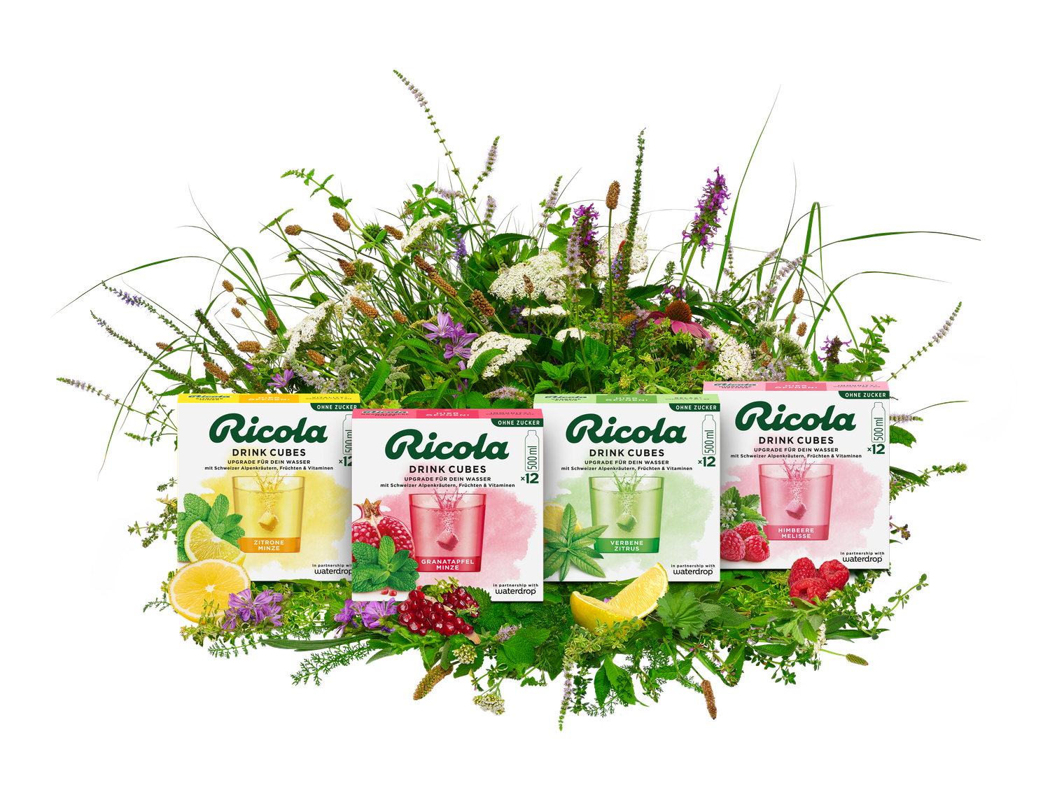 Ricola x waterdrop: Zum Start gibt es gleich vier neue, außergewöhnliche Geschmacksrichtungen.