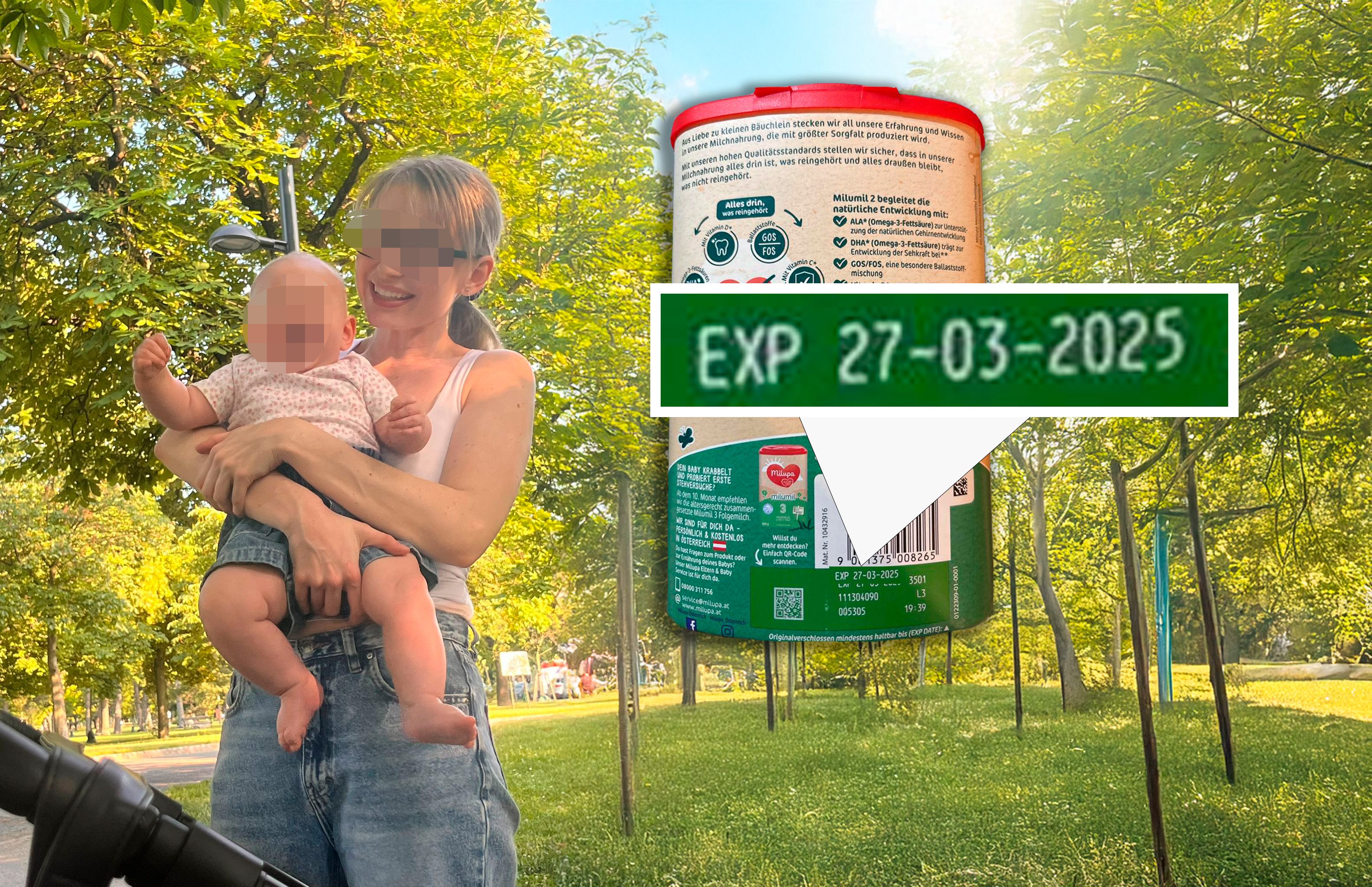 Die Betroffene mit ihrem Baby und der abgelaufenen Milch (rechts)