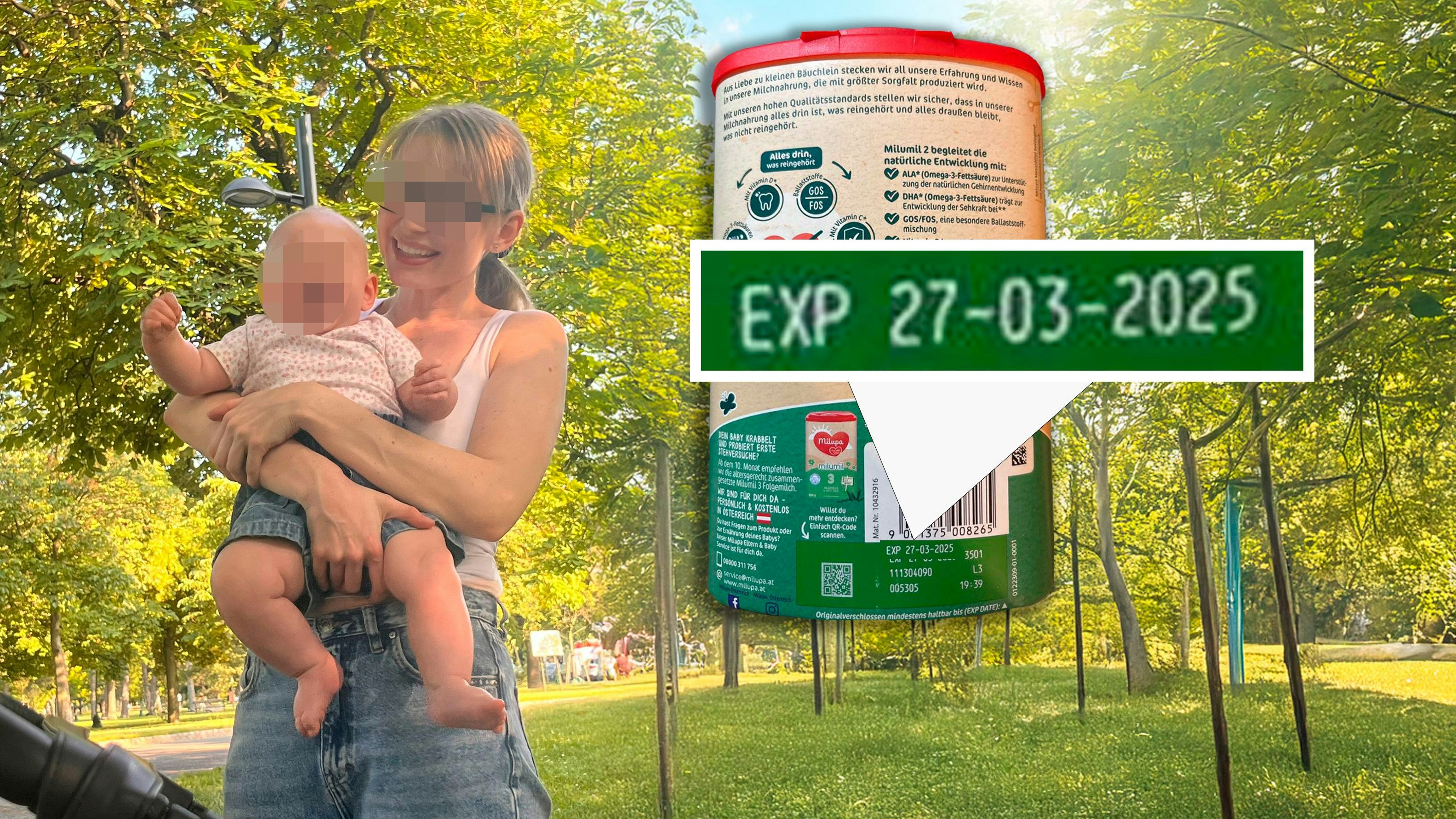 Die Betroffene mit ihrem Baby und der abgelaufenen Milch