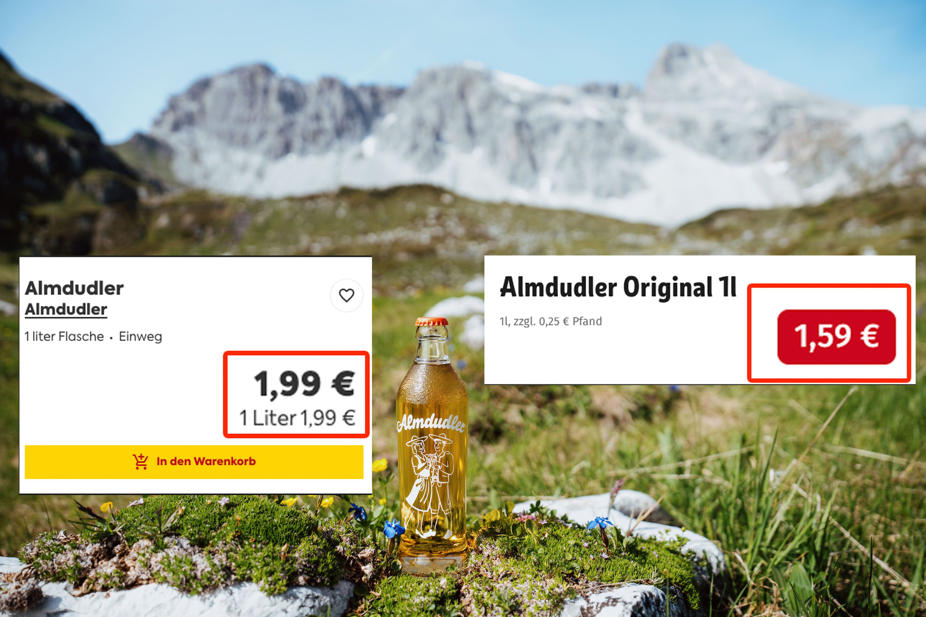 Das Nationalgetränk wird daheim zur Luxusbrause: In Deutschland kostet die 1-Liter-Flasche Almdudler 1,59 Euro, in Österreich zahlen Kunden 1,99 Euro.