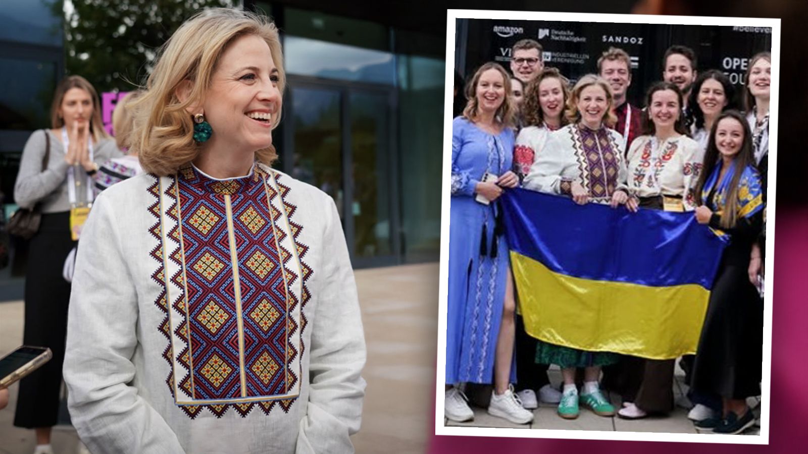 Außenministerin Beate Meinl-Reisinger in der Wyschywanka – und mit blau-gelber Ukraine-Flagge.