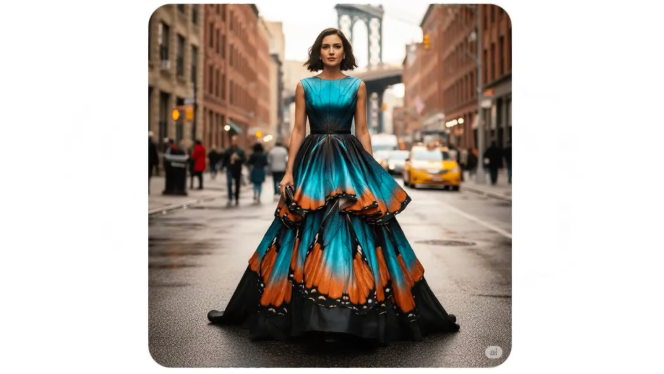 Ein Bild eines Schmetterlings, dann folgt der Prompt: "Mach daraus ein atemberaubendes Kleid an einer Frau, die auf einer Straße in New York geht."