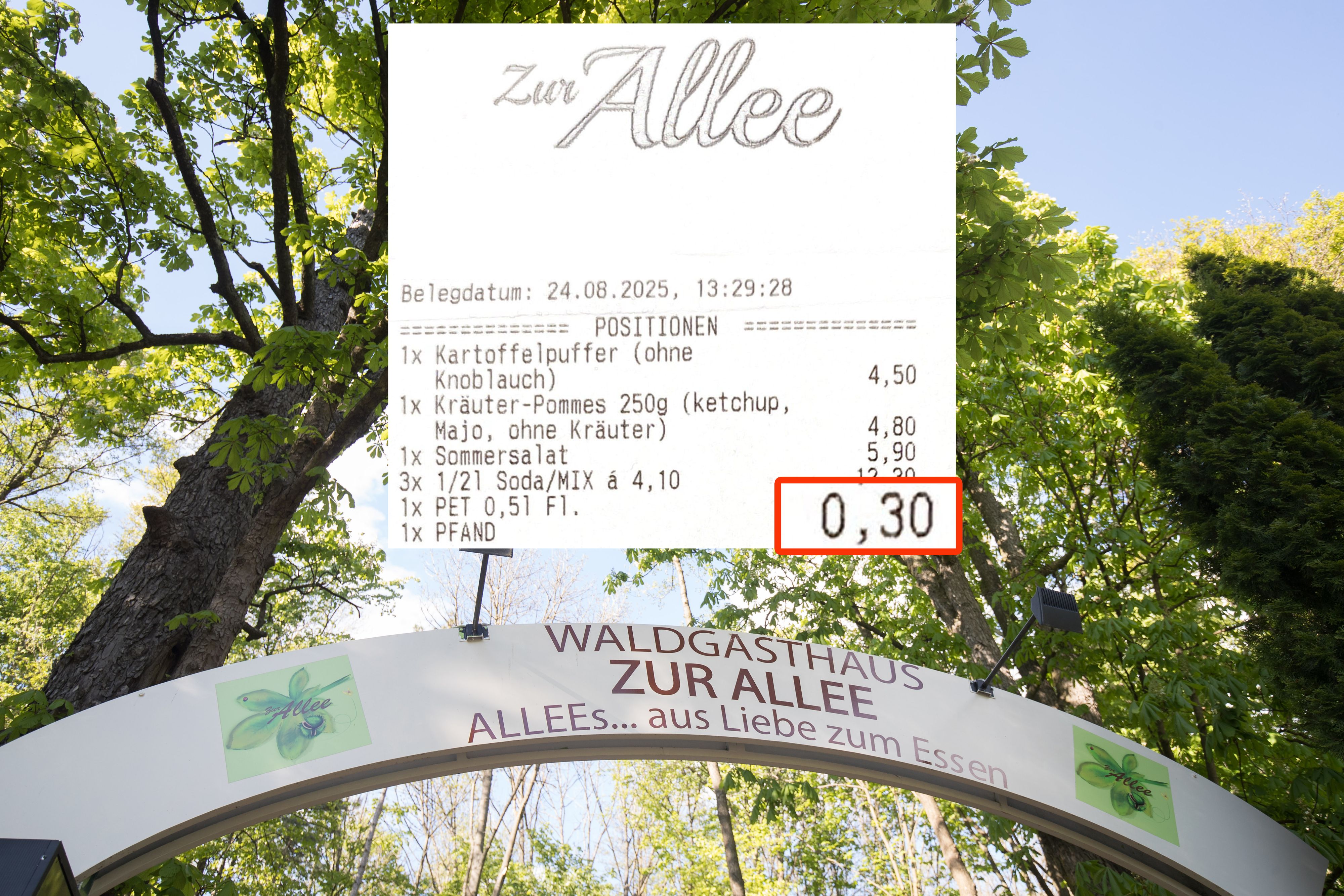 Am Eingang des Waldgasthauses 'Zur Allee': Nach Kritik rudert das Lokal zurück und verlangt künftig wieder 25 Cent Pfand.