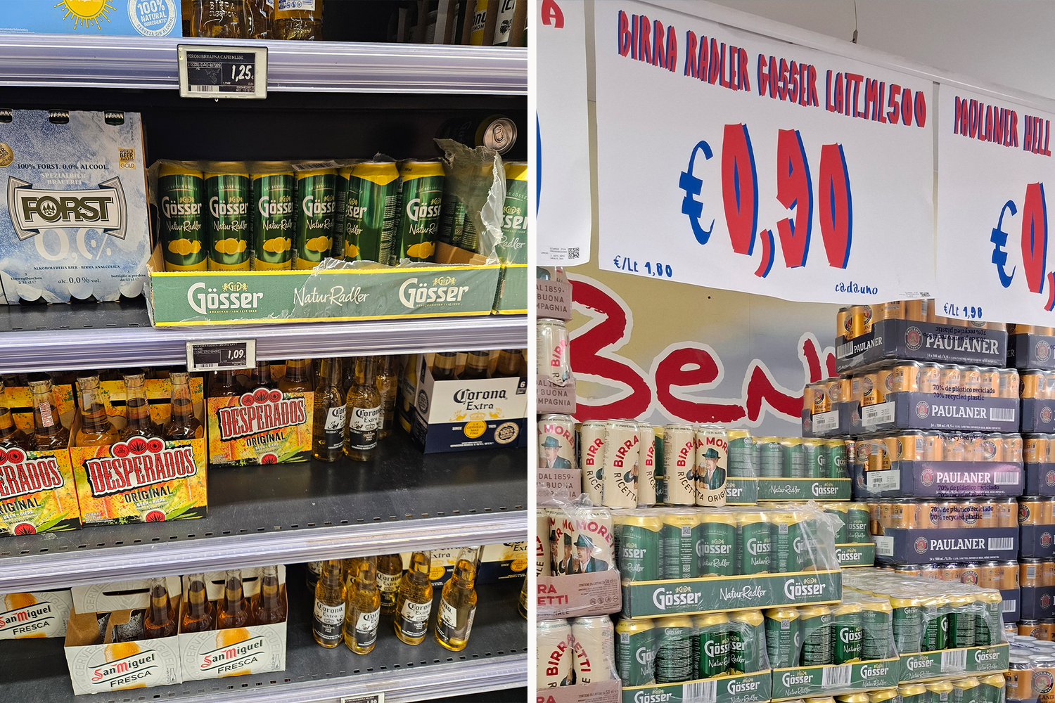 Die Leserreporter waren ganz überrascht über die Preisunterschiede. Links: 1,09 Euro pro Gösser-Radler (am Gardasee), rechts nur 0,90 Euro (Jesolo)!