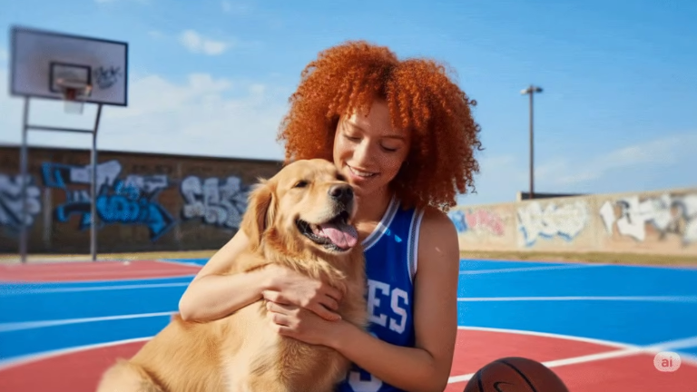 Aus zwei Bildern wird ein neues generiert. Bild 1: Basketballspielerin, Bild 2: Golden Retriever. Der Prompt: "Mach ein Bild, in dem die Frau den Hund auf einem Basketballfeld knuddelt."
