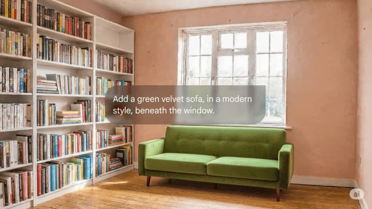 Durch Prompts wie "Wie würde dieses Zimmer mit lachsfarbenen Wänden aussehen?" oder "Füge ein grünes Samtsofa in einem modernen Stil hinzu" lassen sich Bilder schrittweise ergänzen.