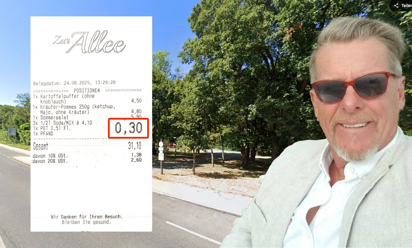 Wolfgang Z. (65) staunte nicht schlecht: Auf seiner Rechnung im Wiener Lokal 'Zur Allee' wurden für eine PET-Flasche 30 Cent Pfand statt der üblichen 25 Cent verrechnet.