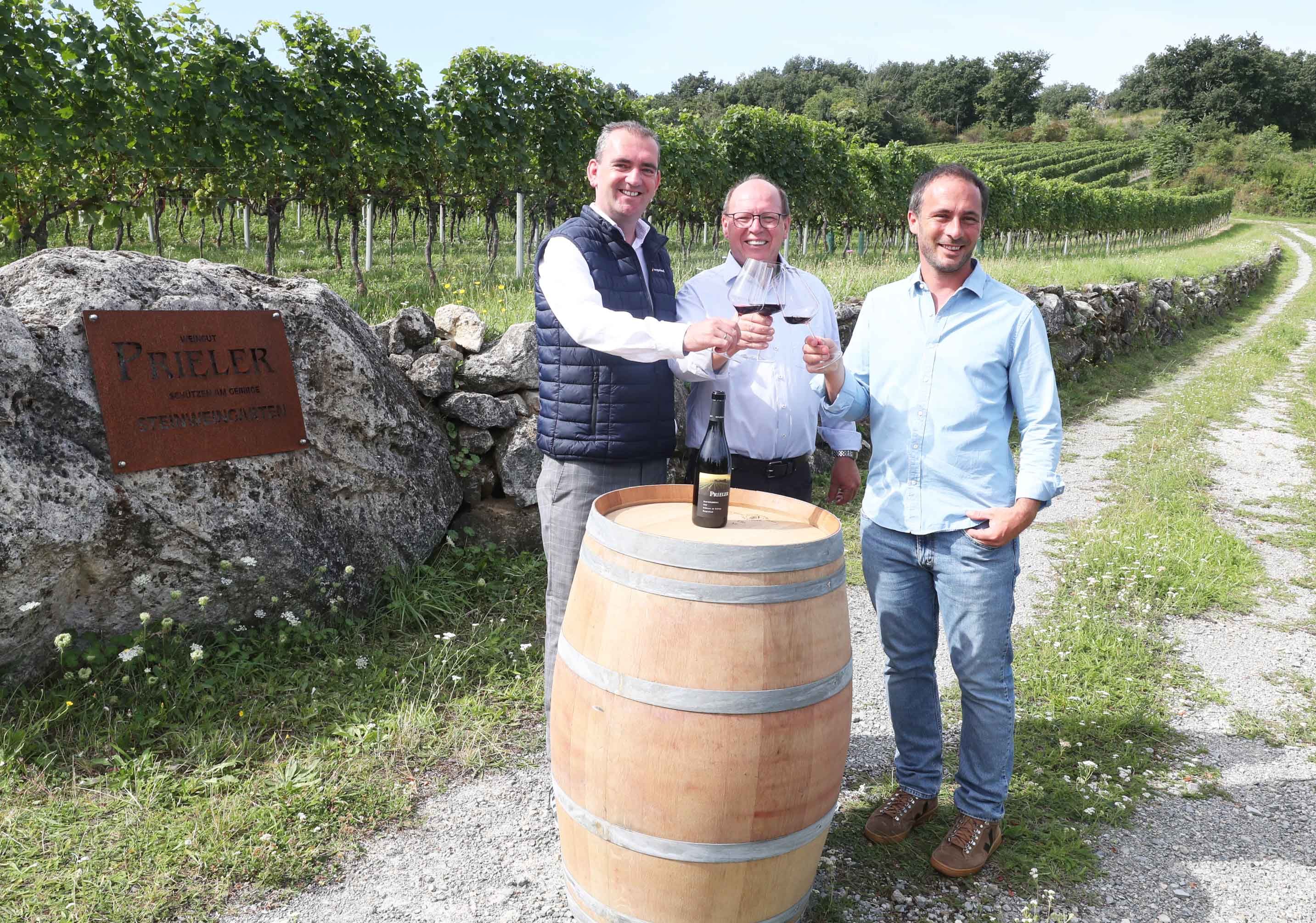 Wein-Burgenland-Chef Herbert Oschep stieß mit&nbsp;Weinbaupräsident Andreas Liegenfeld und Ausnahmewinzer Georg Prieler an.