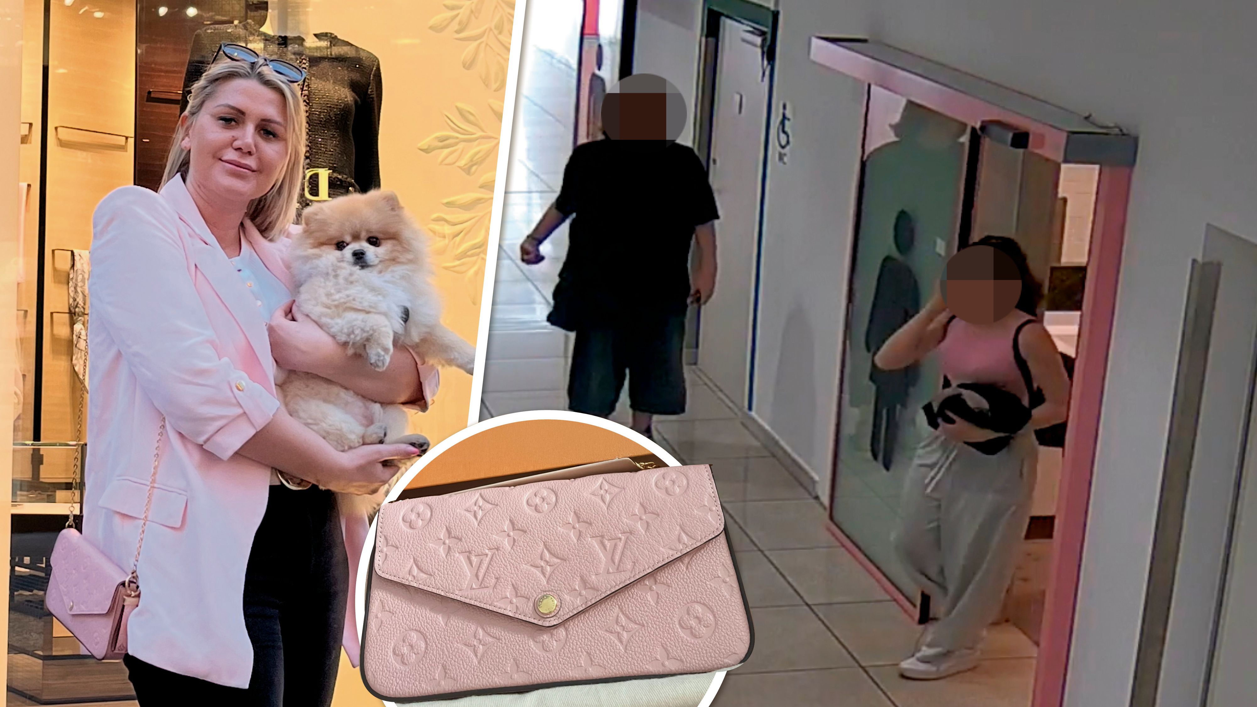 Nicole G. mit Hund und wertvoller Tasche; die Überwachungskamera filmte ein verdächtiges Pärchen.