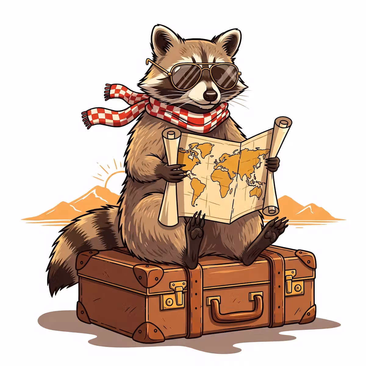Prompt: Ein Waschbär mit Fliegerbrille und kariertem Halstuch. Er sitzt auf einem alten Koffer und hält eine Weltkarte. Der Stil: Comicartig mit klaren Linien und warmen Farben.