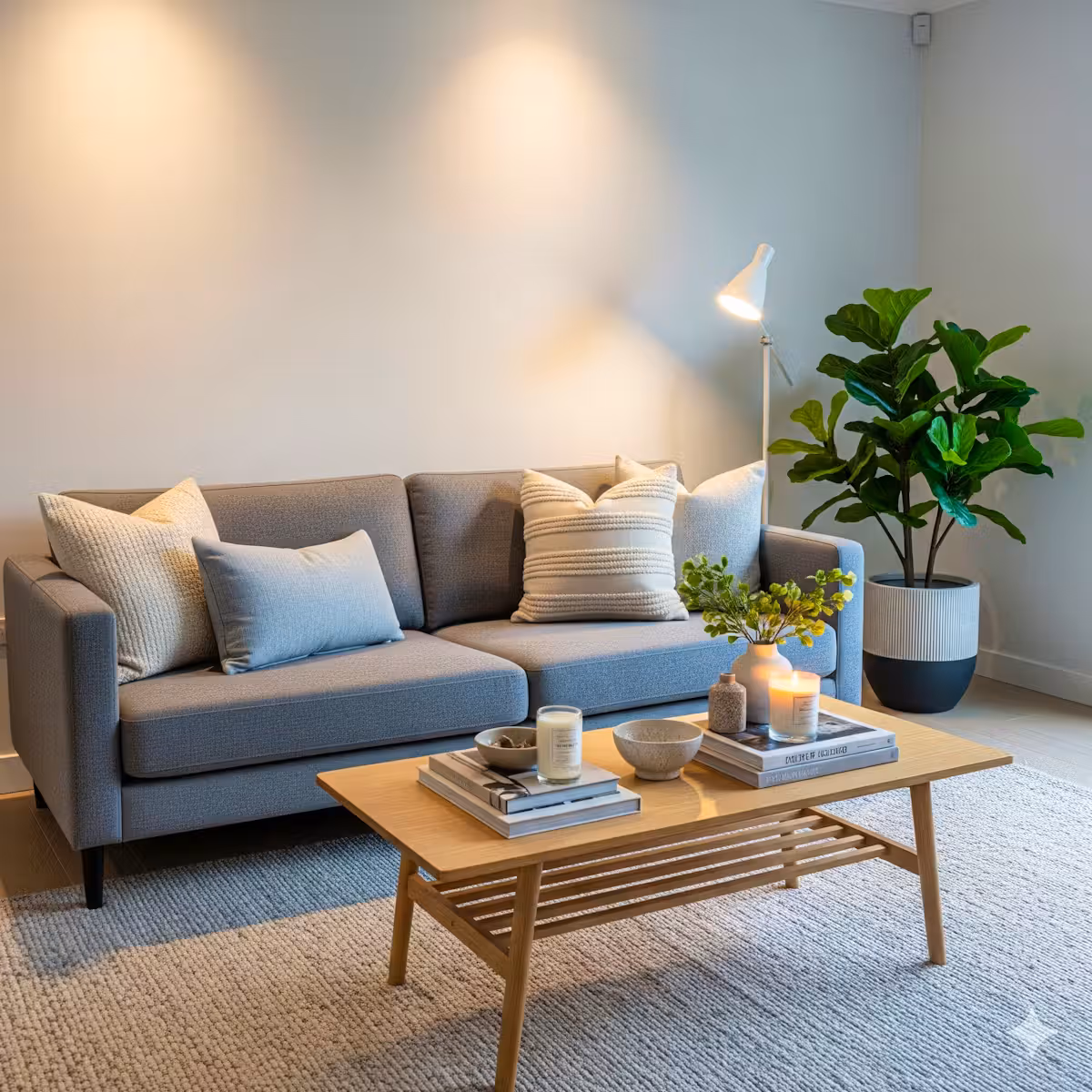 Prompt: Ein hochwertiges Foto eines modernen Wohnzimmers: graues Sofa, Couchtisch aus hellem Holz, große Zimmerpflanze. Die Einrichtung ist schlicht, das Licht weich.