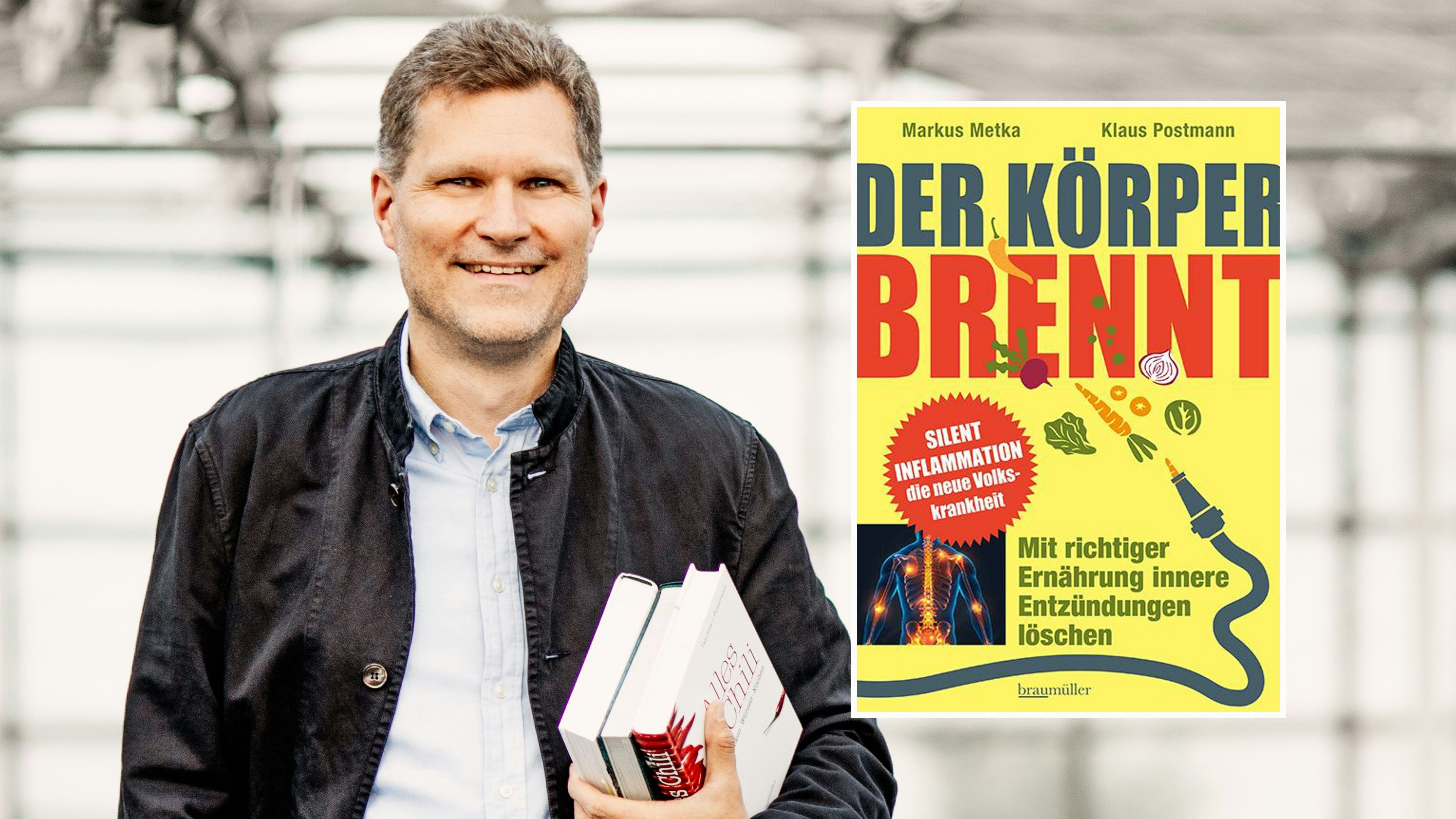 "Der Körper brennt. Mit richtiger Ernährung innere Entzündungen löschen" von Dr. Klaus Postmann und Prof. Dr. Markus Metka erscheint am 1. Oktober 2025 im Braumüller Verlag ( ISBN: 987-3-99100-422-6).