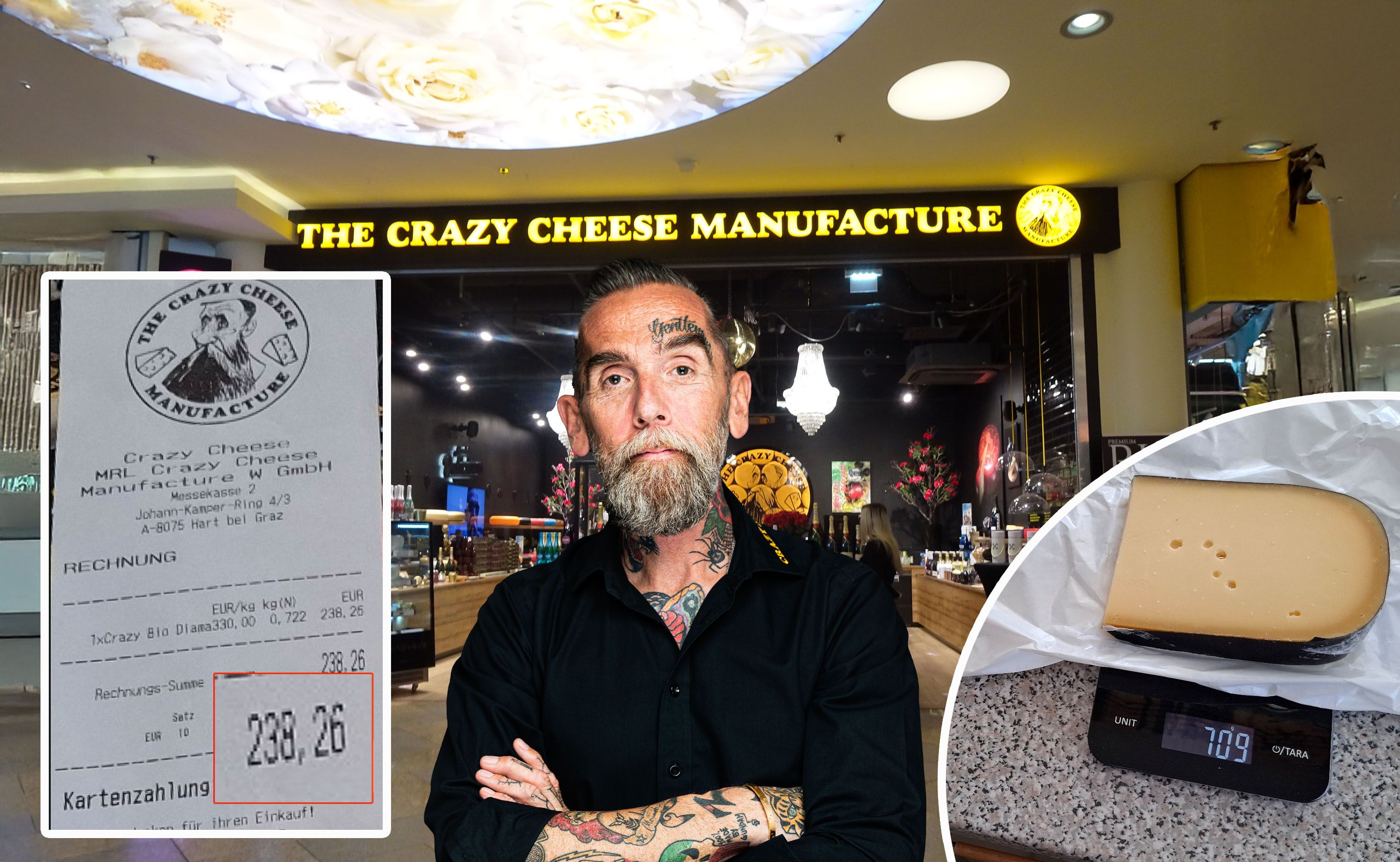 Kundin Claudia B. wirft Crazy-Cheese-Chef Roland Ludomirska (Bild) Abzocke vor: Für 709 Gramm Käse zahlte sie 238,26 Euro.