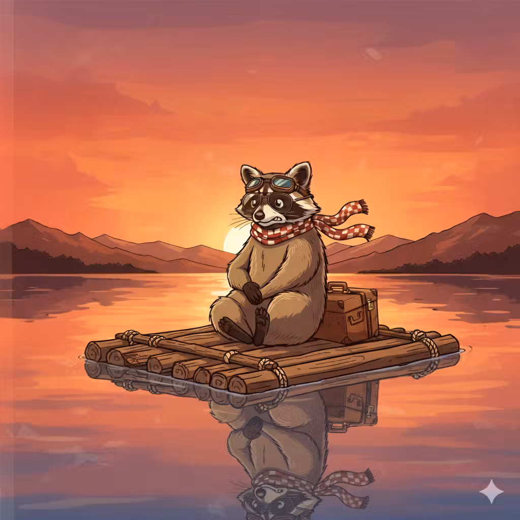 Prompt (im gleichen Chat): Jetzt denselben Waschbär – aber auf einem Floß mitten auf einem See. Der Koffer liegt neben ihm, die Brille sitzt schief. Die Szene: Sonnenuntergang, Spiegelung im Wasser.