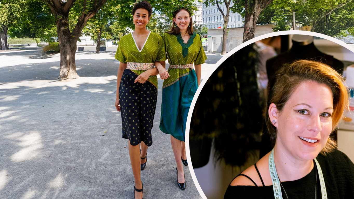 Paula F. und Ronja C. präsentieren die Jumpsuits von Marlen Sabetzer (rechts).