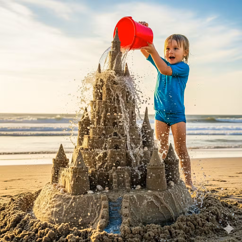 Prompt (im gleichen Chat): Zeig was passiert, wenn das Kind den Eimer darüber ausleert.