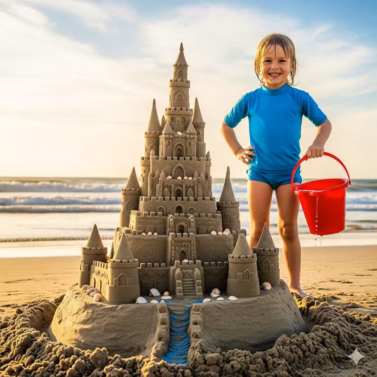 Prompt: Ein Kind mit Wassereimer steht neben einem Sandburg-Bau. Es schaut stolz auf das Werk.
