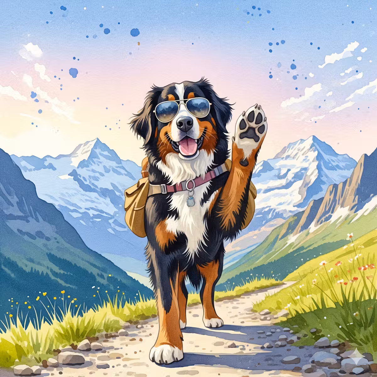 Prompt: Ein zotteliger Berner Sennenhund mit Sonnenbrille. Auf dem Rücken trägt er einen kleinen Rucksack. Weitwinkelaufnahme von schräg unten. Der Hund dominiert das Bild, der Himmel füllt den Hintergrund. Er steht mitten auf einem Wanderweg, hebt die Pfote wie zum Gruß. Auf einer Alpe im Berner Oberland. Im Hintergrund ragen schneebedeckte Berge auf. Aquarellstil, mit weichen Farben und pastelligem Licht.