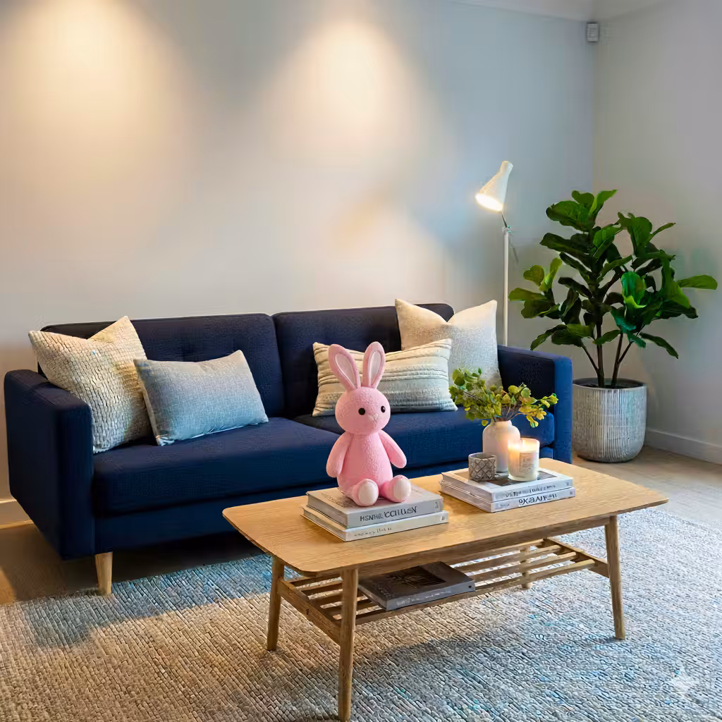 Prompt (im gleichen Chat): Ändere die Farbe des Sofas auf Dunkelblau. Stell einen rosa Plüschhasen auf den Tisch.