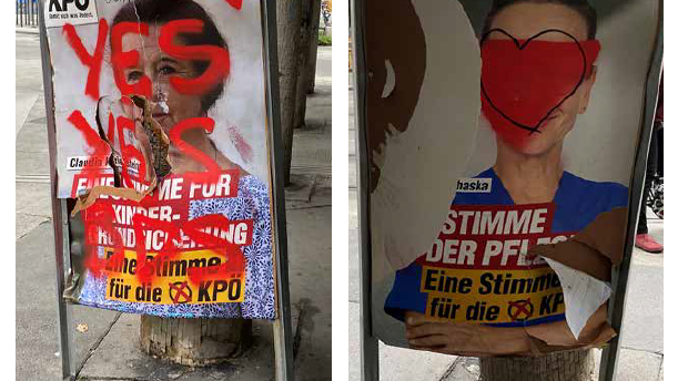 Wahlplakate in Wien mit der aufgesprayten Parole "Yes, Yes, BDS" und dem roten Dreieck der Hamas.