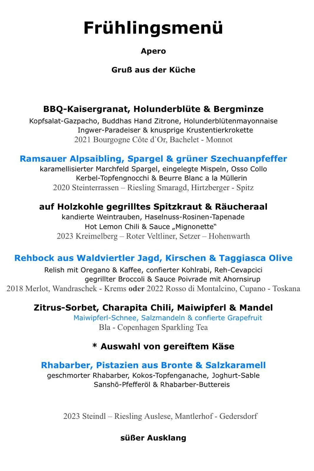 Das Frühlingsmenü in aller Ausführlichkeit