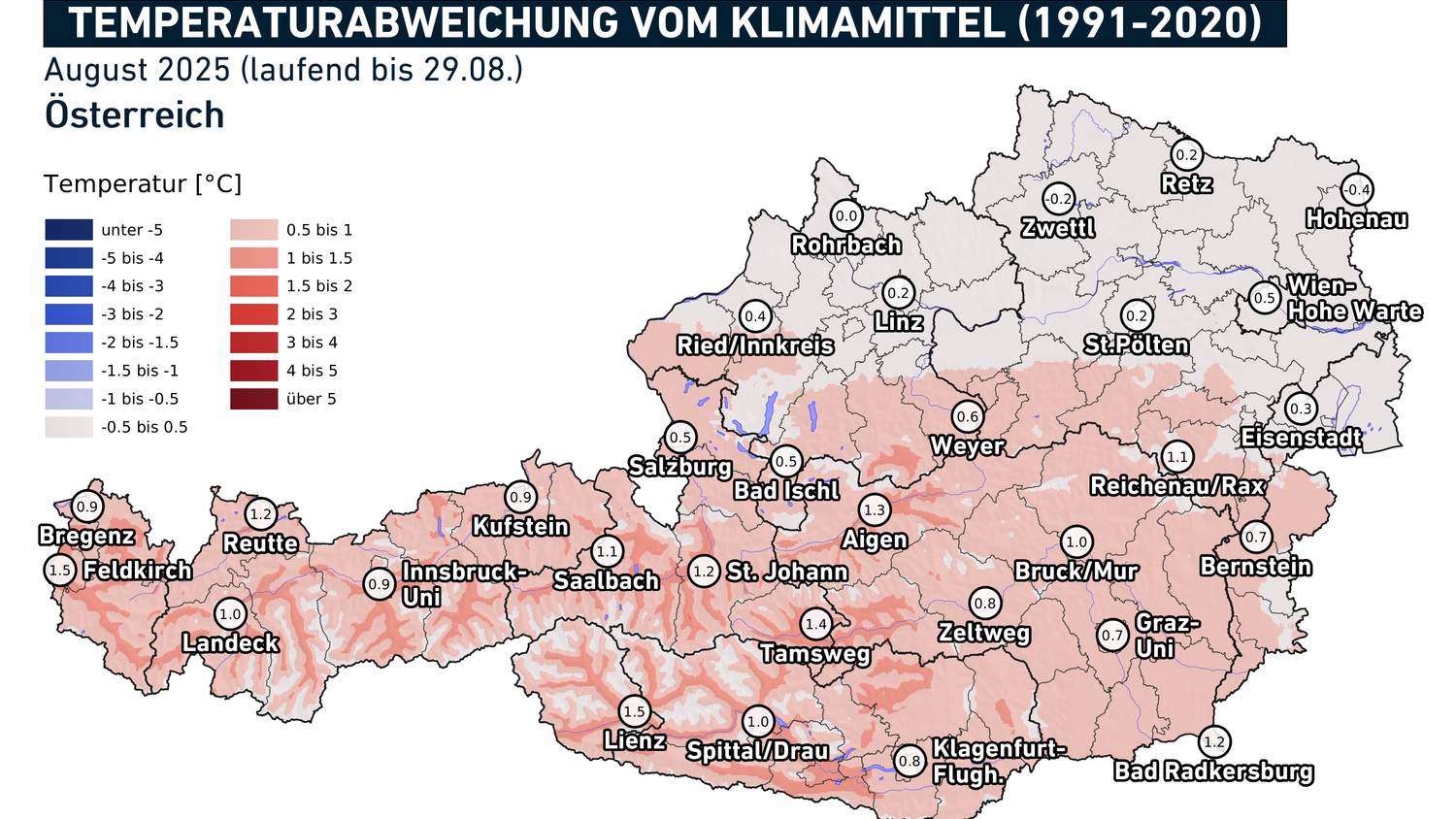Die österreichweite Temperaturabweichung lag bei +0,6 Grad.