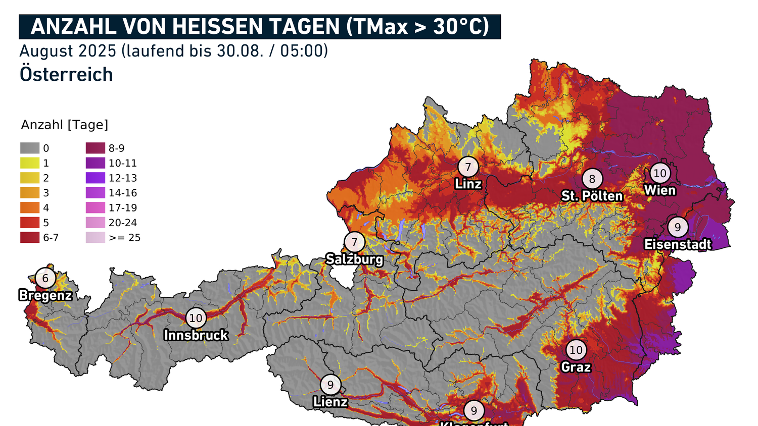 In Güssing gab es im August die meisten Hitzetage (12).