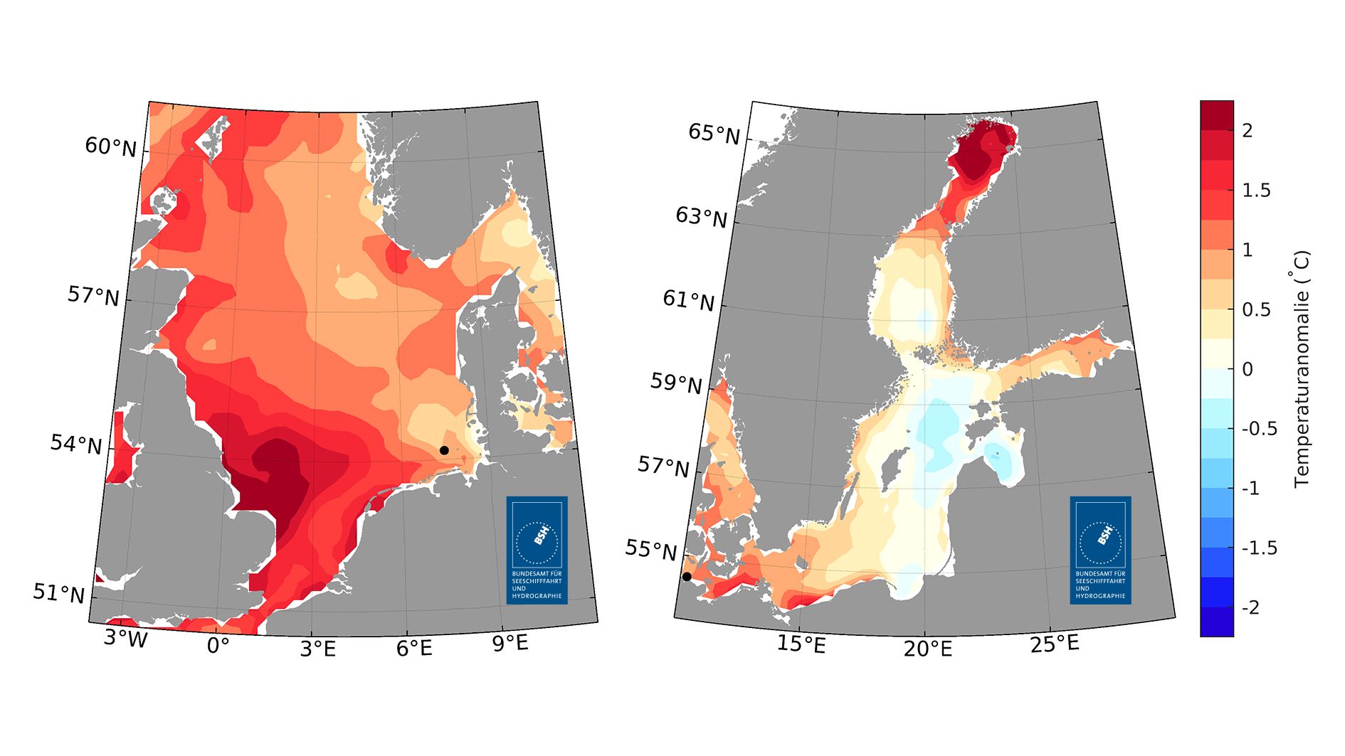 Abweichung des Sommermittels der Oberflächentemperaturen in 2025 zum langjährigen Sommermittel von 1997 bis 2021 für die Nordsee (links) und für die Ostsee (rechts). Stand 27.08.2025.