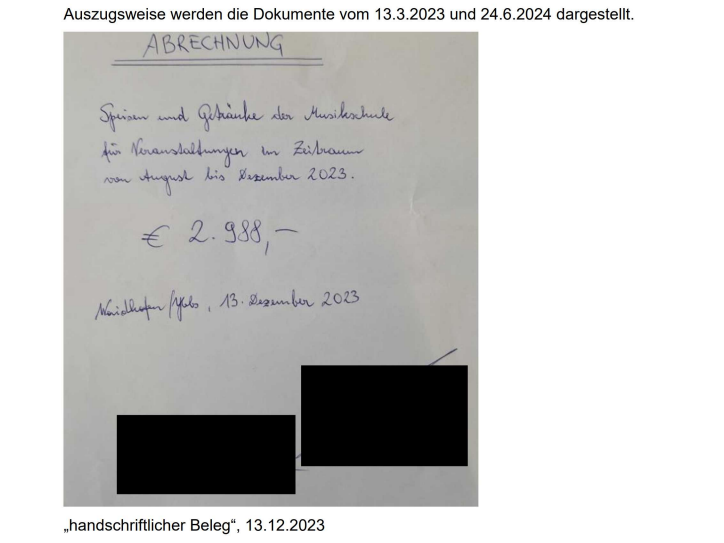 Abrechnung über "Speisen und Getränke der Musikschule" über 2.988 Euro.