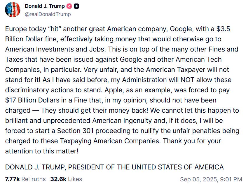 Trump ließ sich in seinem eigenen Sozialen Netzwerk über die EU aus.