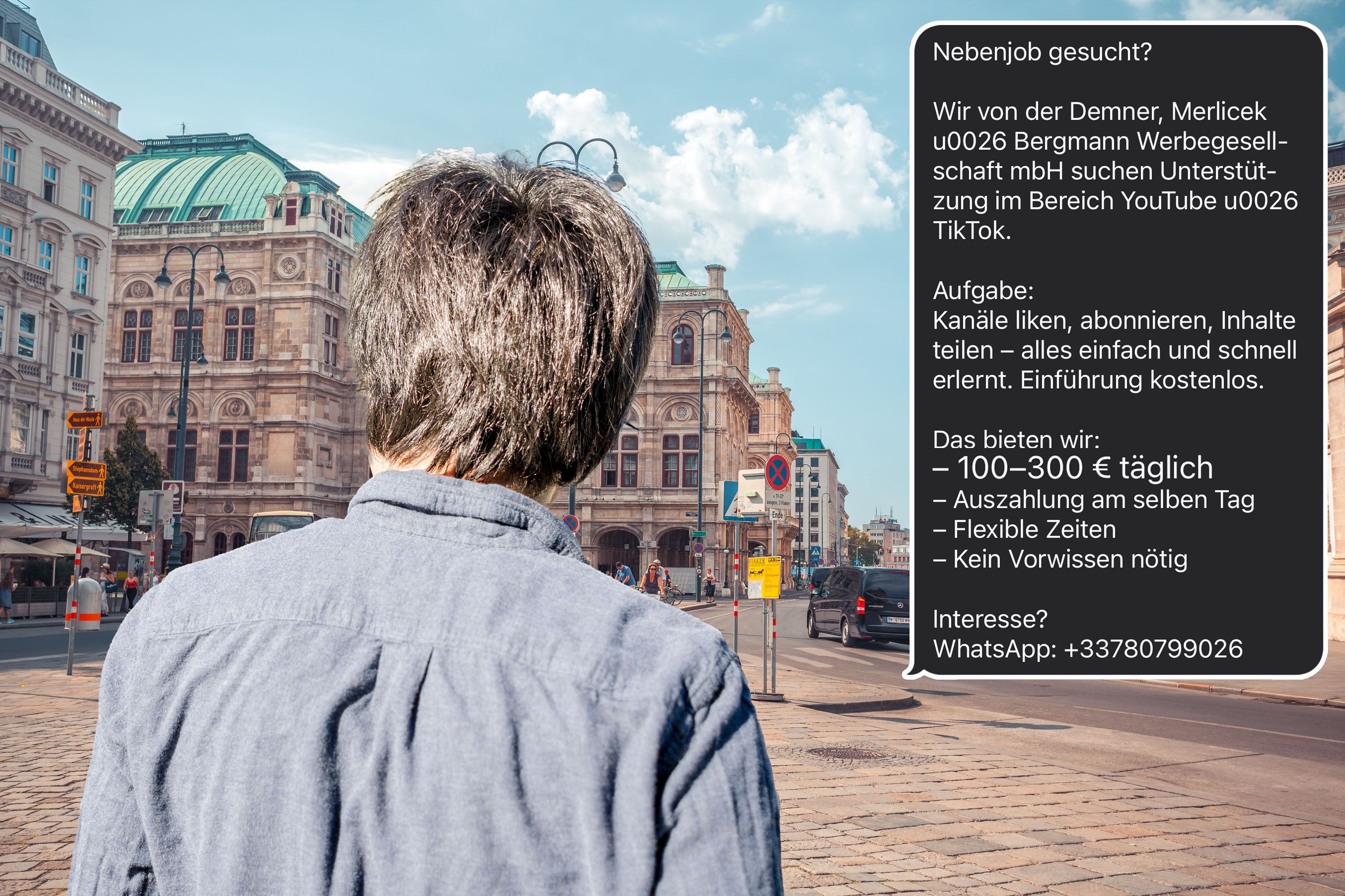 Per SMS wurde einem Wiener 300 € pro Tag versprochen – angeblich von einer bekannten Agentur. In Wahrheit: ein dreister Betrug.