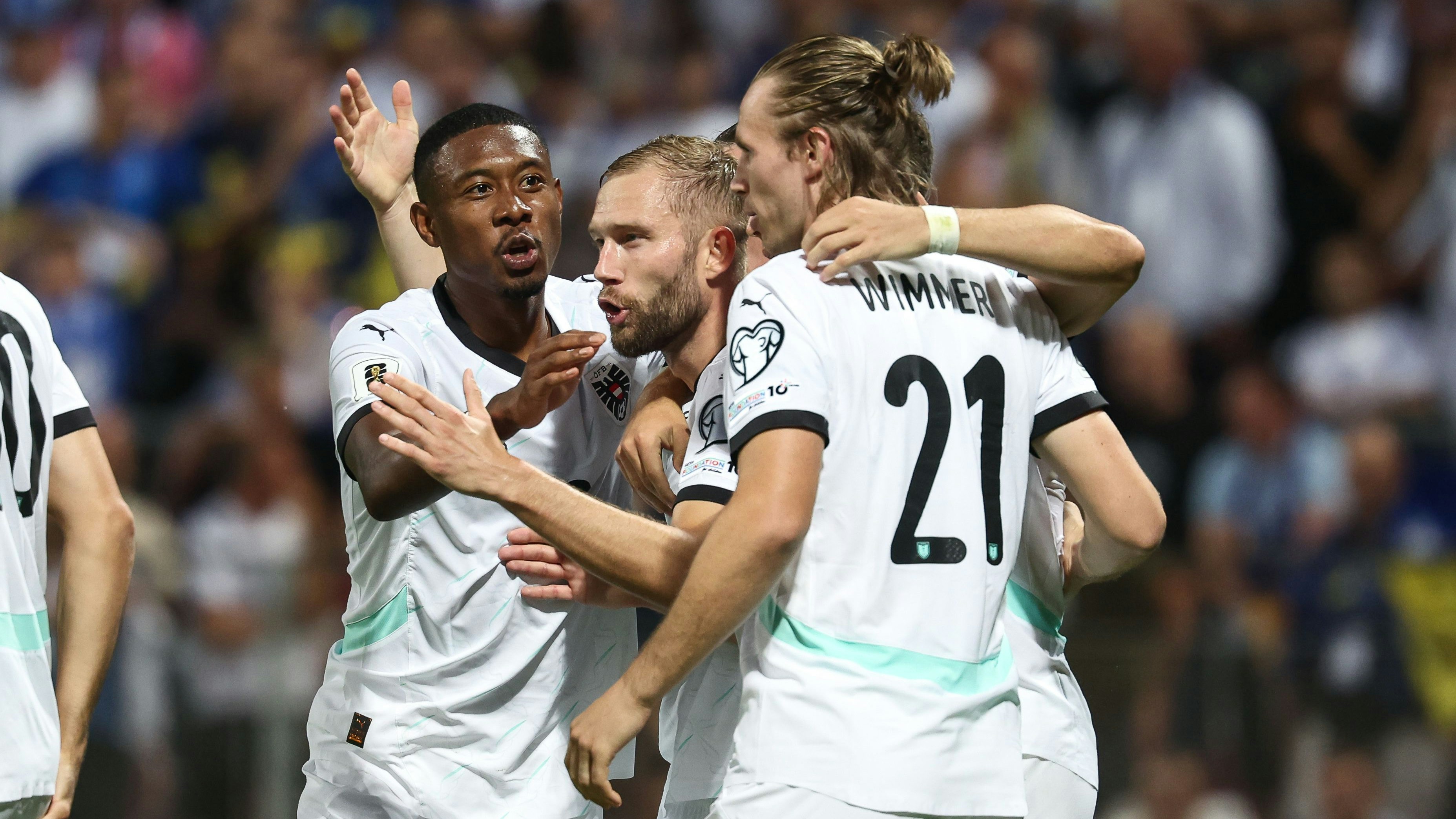 ZENICA,BOSNIA AND HERZEGOVINA,09.SEP.25 - SOCCER - FIFA World Cup 2026, European Qualifiers, group stage, OEFB international match, Bosnia and Herzegovina vs Austria. Image shows the rejoicing of David Alaba, Konrad Laimer and Patrick Wimmer (AUT). Photo: GEPA pictures/ Armin Rauthner