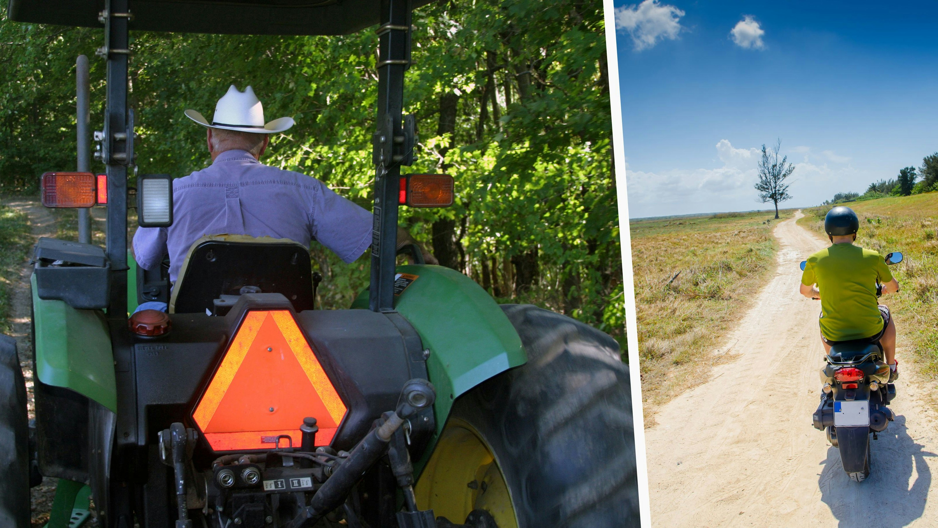 Country farmer on moving green tractor.