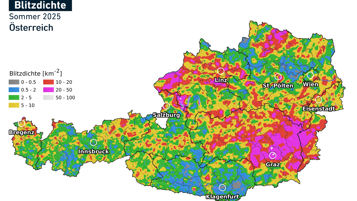 Am meisten Blitze gingen im Großraum Graz, in der Oststeiermark sowie im Inn- und nördlichen Waldviertel nieder.