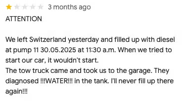 In den Bewertungen zu der Tankstelle finden sich fast identische Erfahrungsberichte.