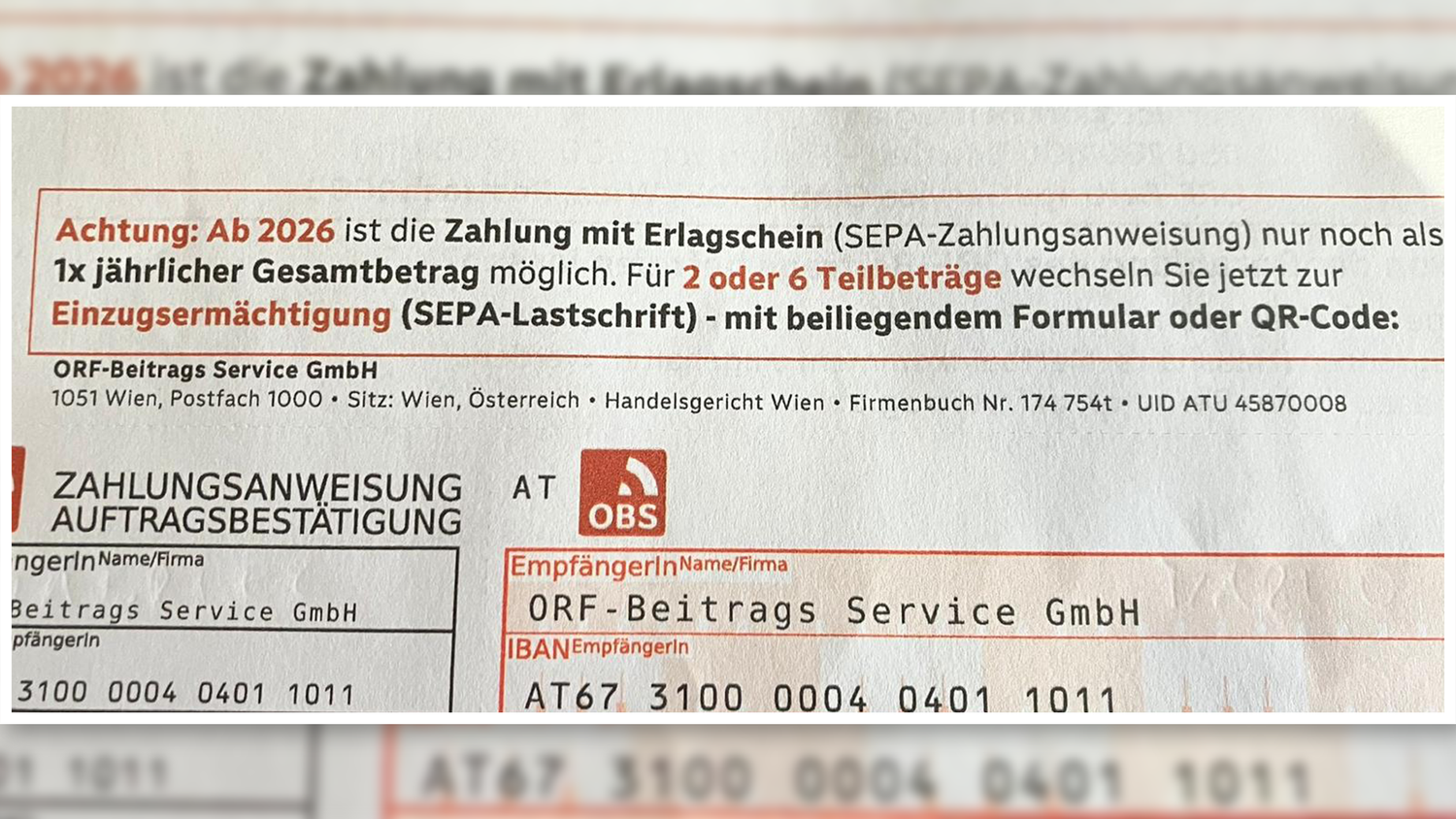 Ab 2026 kann per Zahlschein nur noch die volle Haushaltsabgabe bezaht werden.