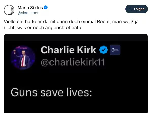 ZDF-Autor Mario Sixtus auf der Plattform Bluesky zum Attentat auf Charlie Kirk.