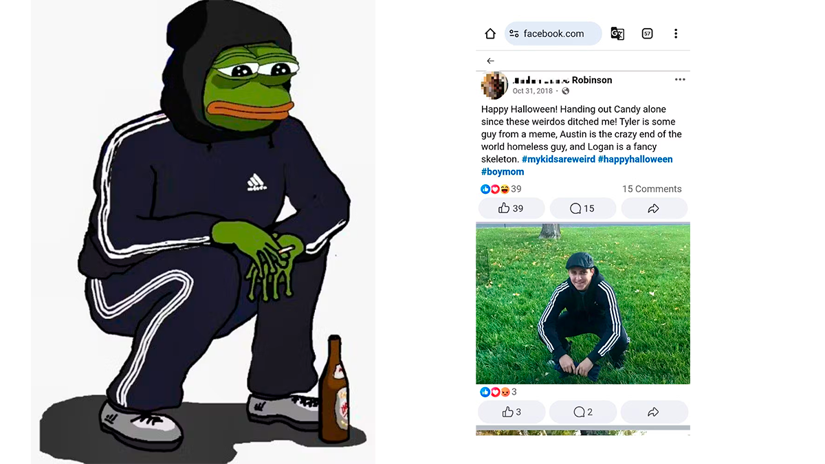 Laut verschiedenen Kommentatoren online ist das (links) ein berühmtes "Groyper"-Meme. Rechts: Das Bild, das Tyler Robinsons Mutter von ihm postete an Halloween 2018. Er habe sich als "ein Typ aus einem Meme" verkleidet. Für einige scheint klar: Das ist das "Groyper"-Meme.