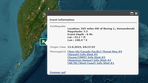 Tsunami-Warnung nach einem starken Erdbeben an der Küste Kamtschatkas.