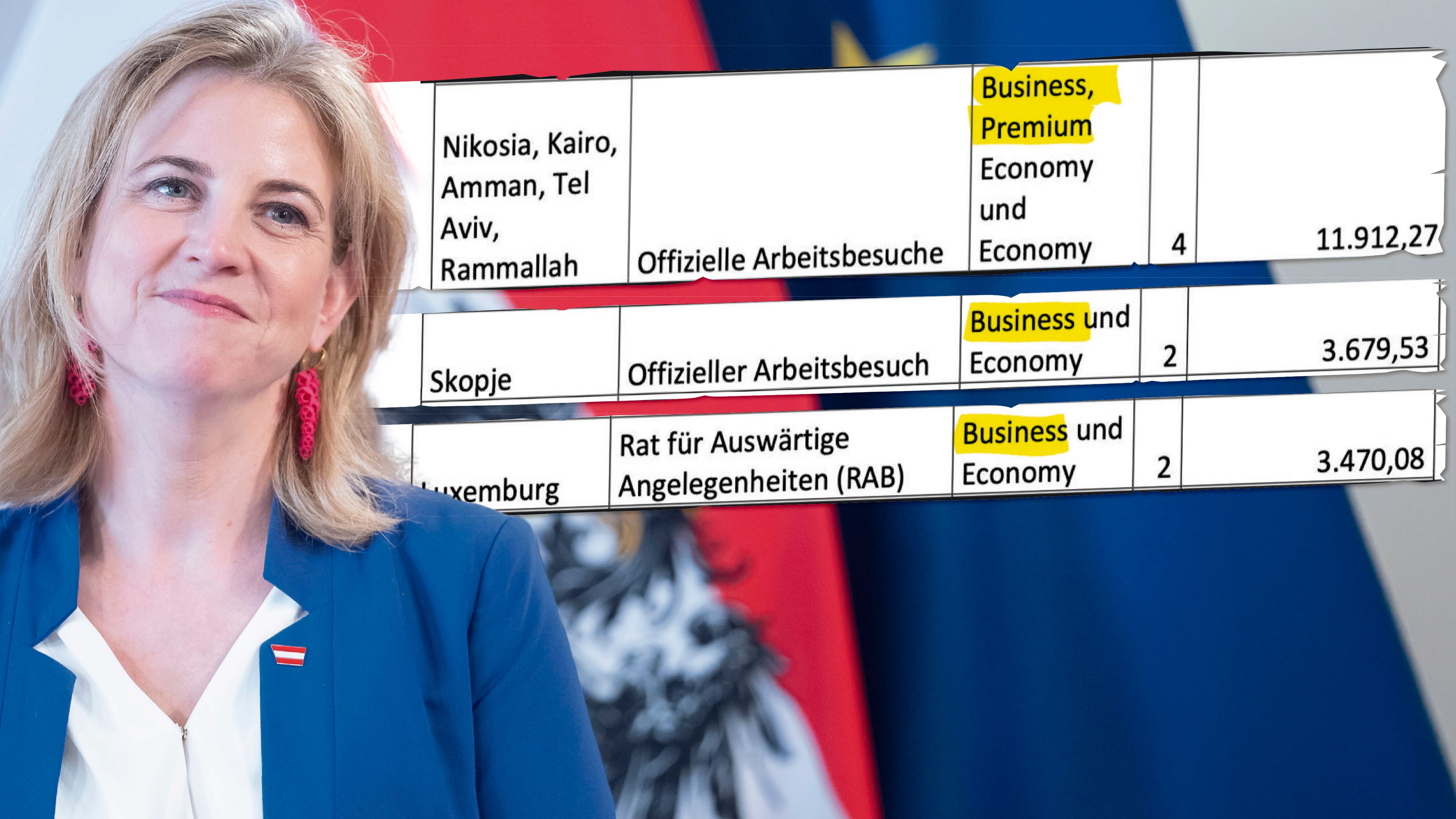 Schwarz auf weiß: Die Reisespesen-Abrechnung von Meinl-Reisinger. Personal in der Eco, Ministerin in der Business Class.