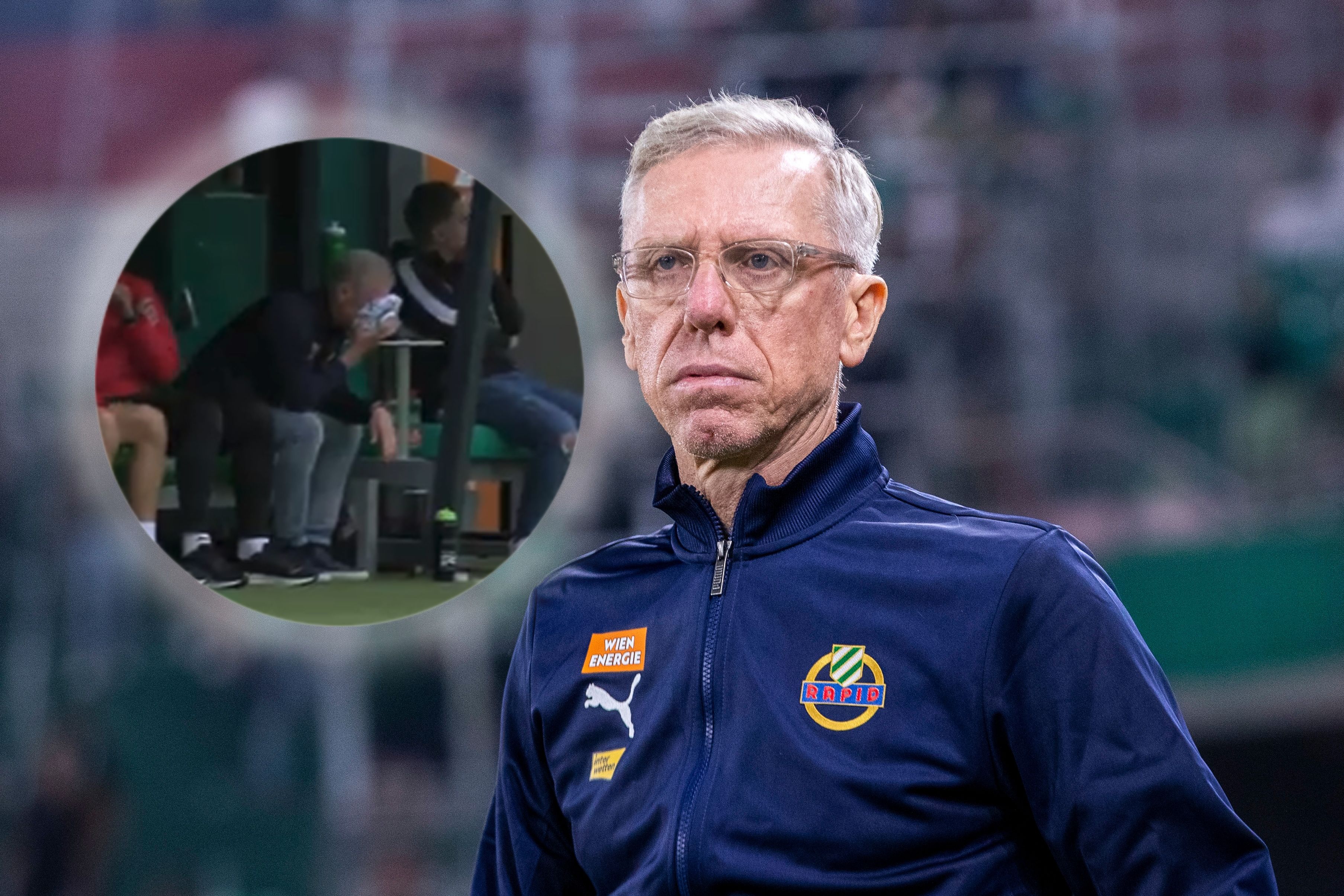 Peter Stöger saß mit Coolbag auf der Bank.