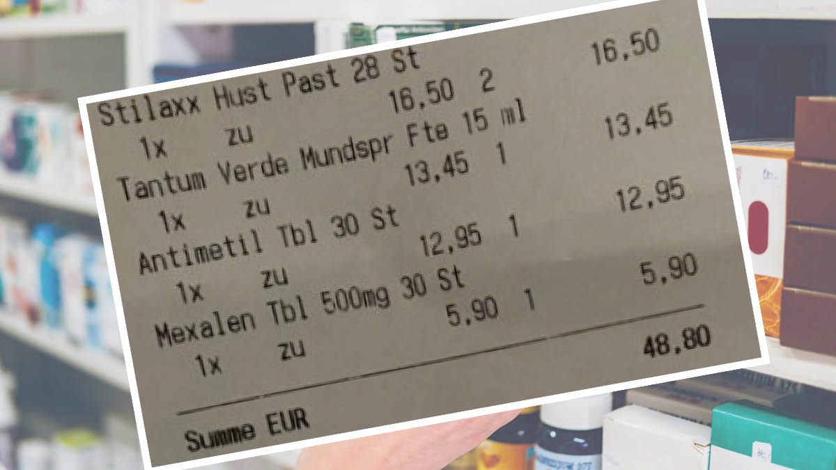 Originalrechnung aus der Apotheke: Hier ist alles deutlich teurer als im Online-Handel.