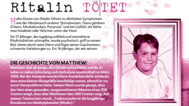 So sieht eine Seite in der Broschüre über das erprobte ADHS-Medikament Ritalin aus.