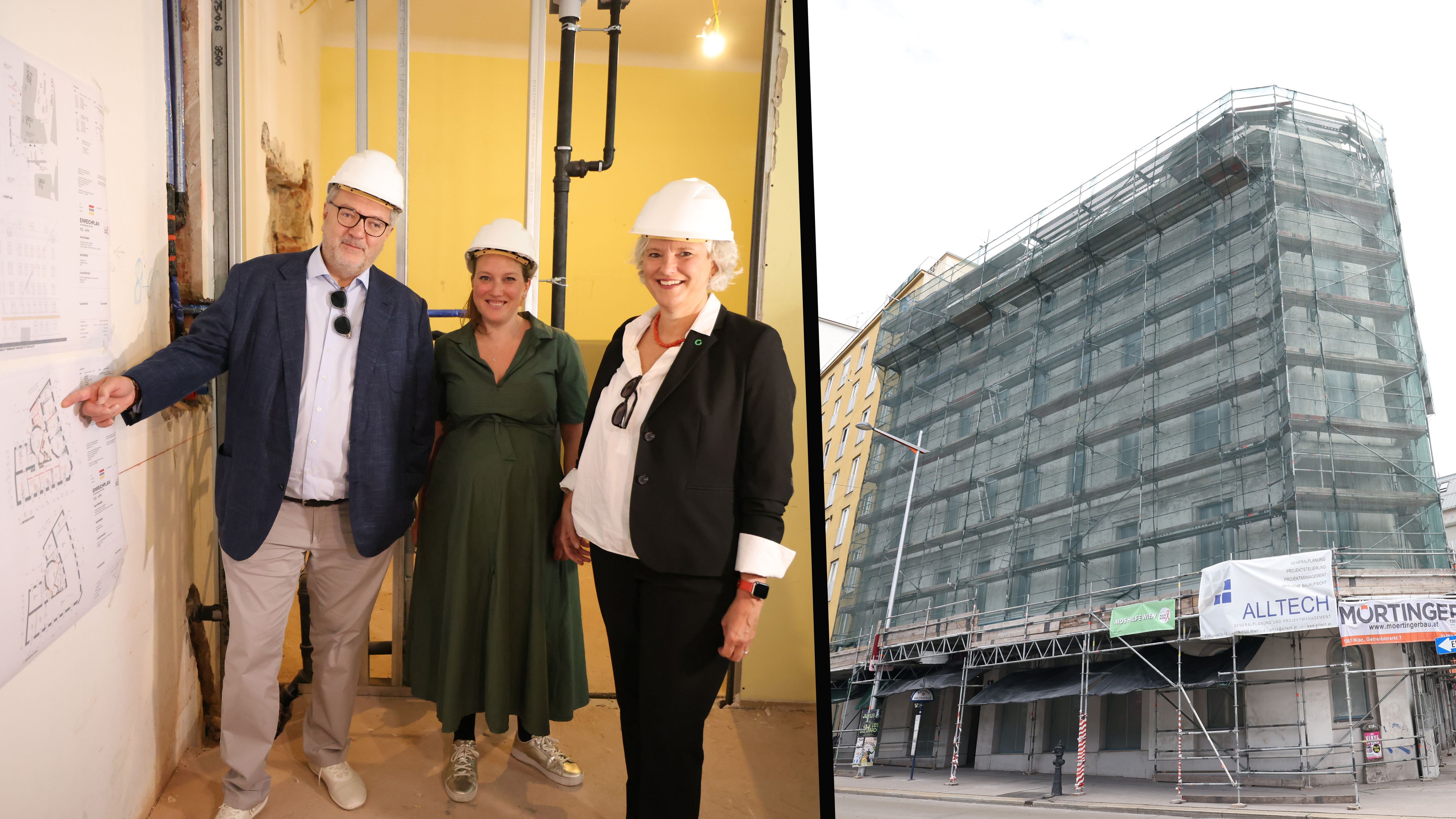 Baustellen-Check für das neue Zentrum: Stadtrat Peter Hacker, Aids-Hilfe-Wien-Chefin Mirijam Hall und ÖGK-Vertreterin Agnes Streissler-Führer besichtigen das künftige magnus Ambulatorium. Rechts: Das Gebäude in Wien noch eingerüstet.“
