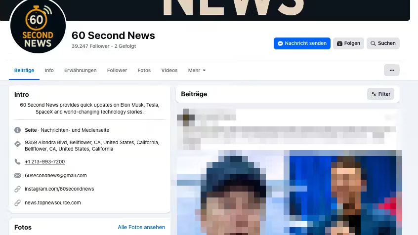 Neben dem Hinweis, dass Website und Facebook-Account verbunden sind, finden sich im Profil auch eine US-Telefonnummer und eine Adresse in Kalifornien.