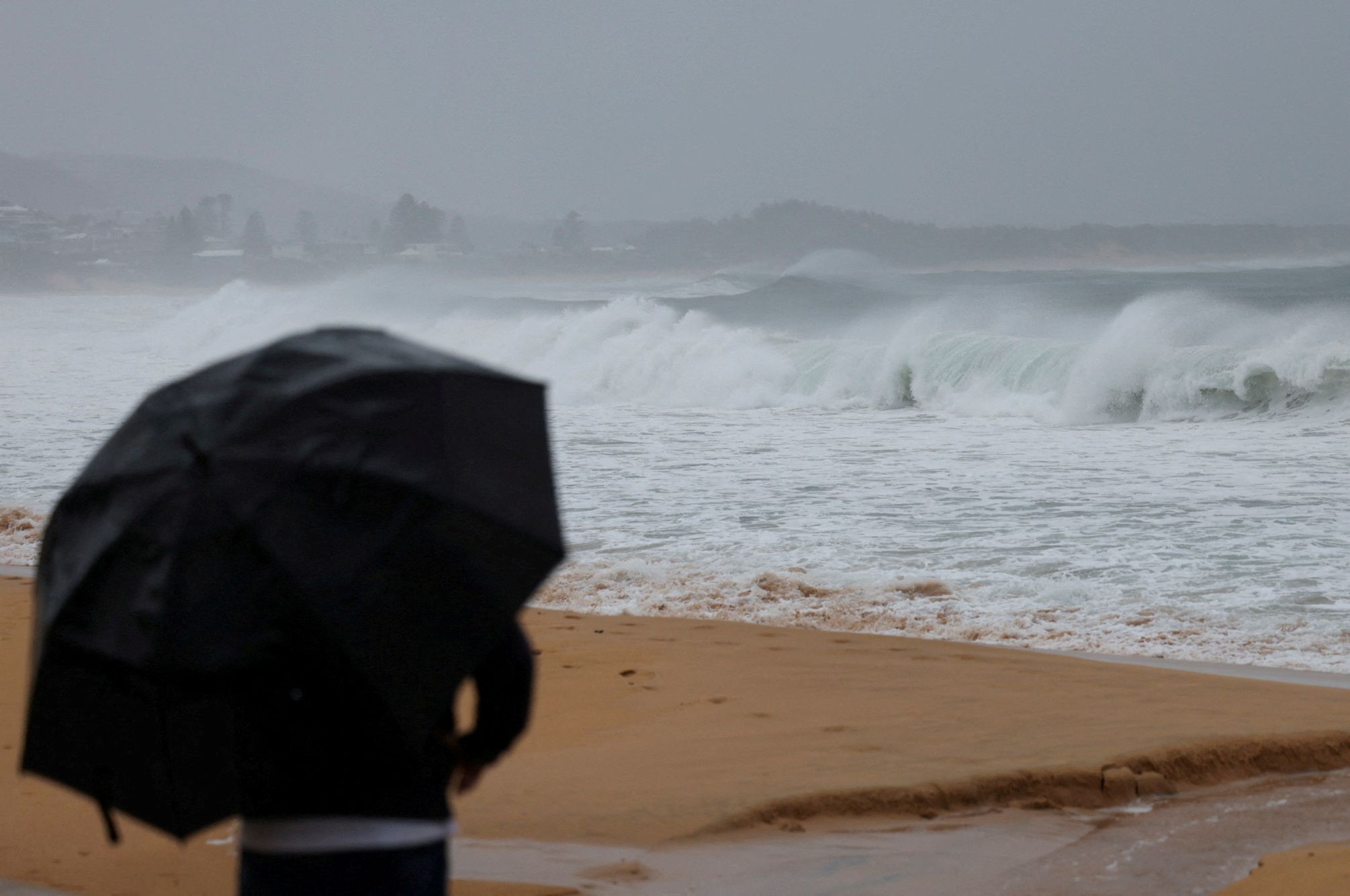Blick aufs stürmische Meer: ein Mann am Strand in Terrigal (Australien).