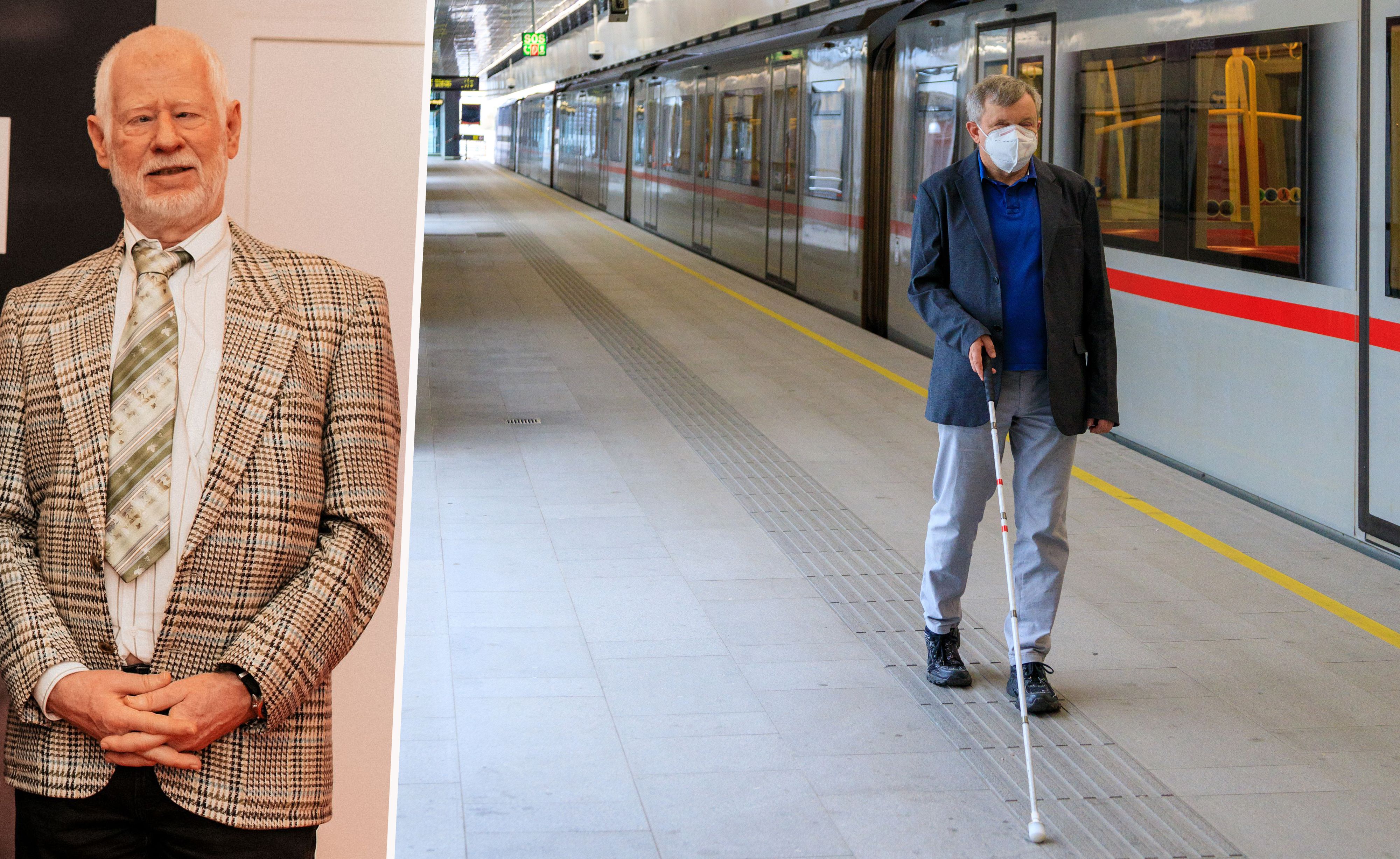 Ein blinder Fahrgast bewegt sich mit einem Langstock auf dem taktilen Leitsystem einer U-Bahn-Station.