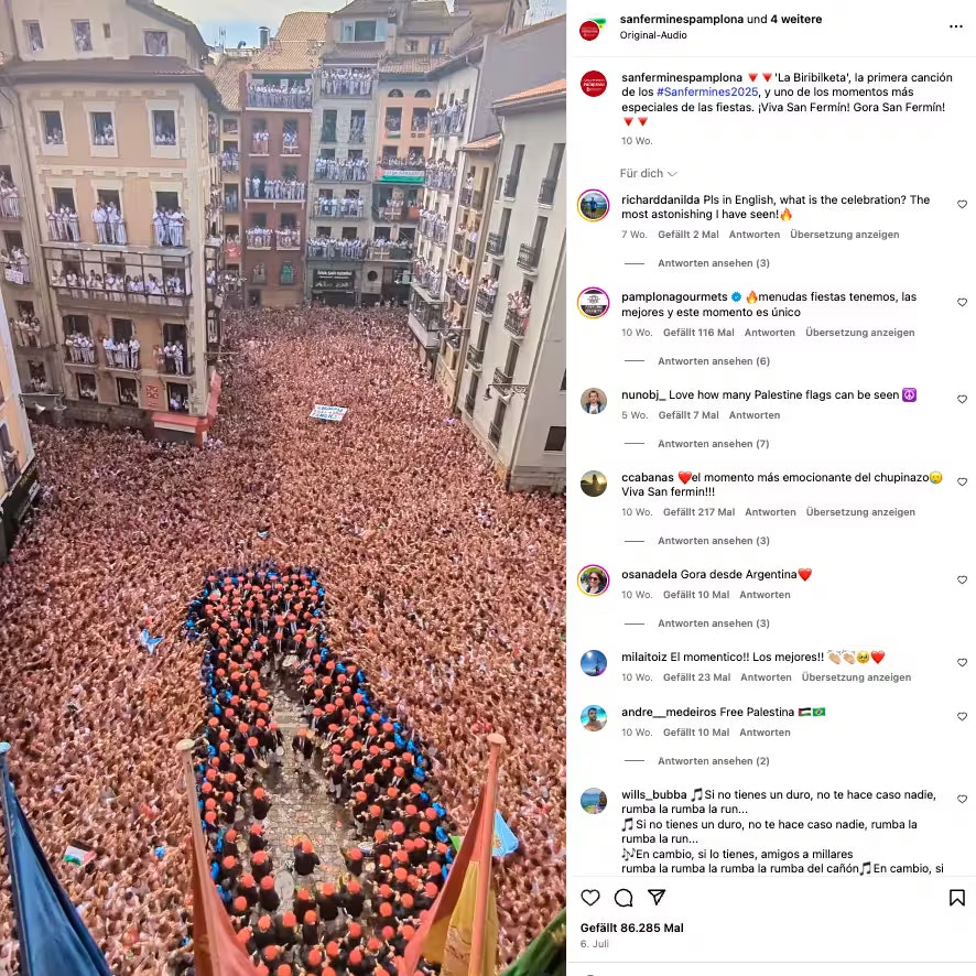 Die aus dem Kontext gerissene Szene stammt aus einem Video, das die Veranstalter der Safermín-Feierlichkeiten auf Instagram hochgeladen haben.